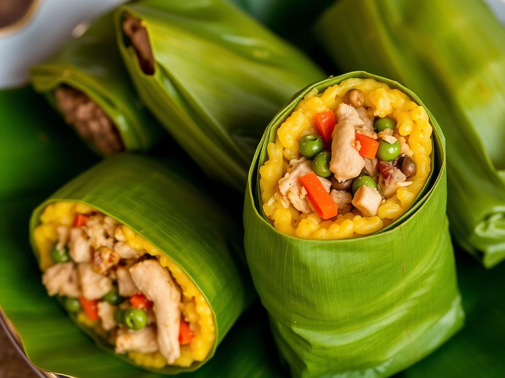 Tamal colombiano abierto sobre hoja de plátano con pollo, cerdo y garbanzos